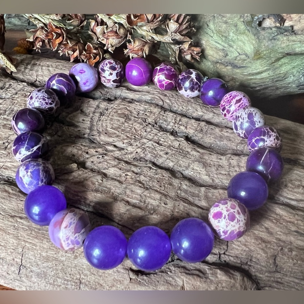 Purple Jasper & Amethyst Natural Stones Bracelet Unisex Stretchy Beaded 8mm 17.6